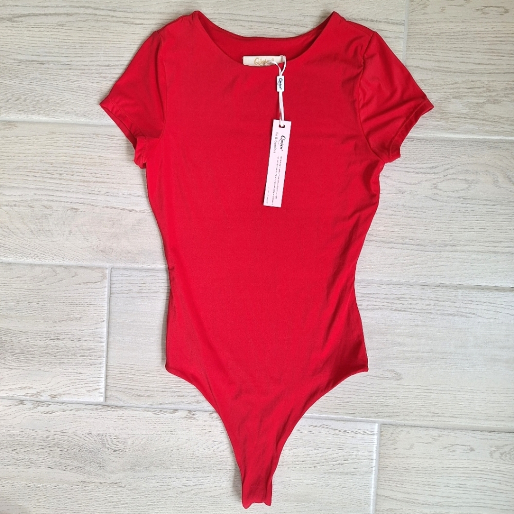 Qinsen bright red short-sleeved thong bodysuit- size XS - NWT